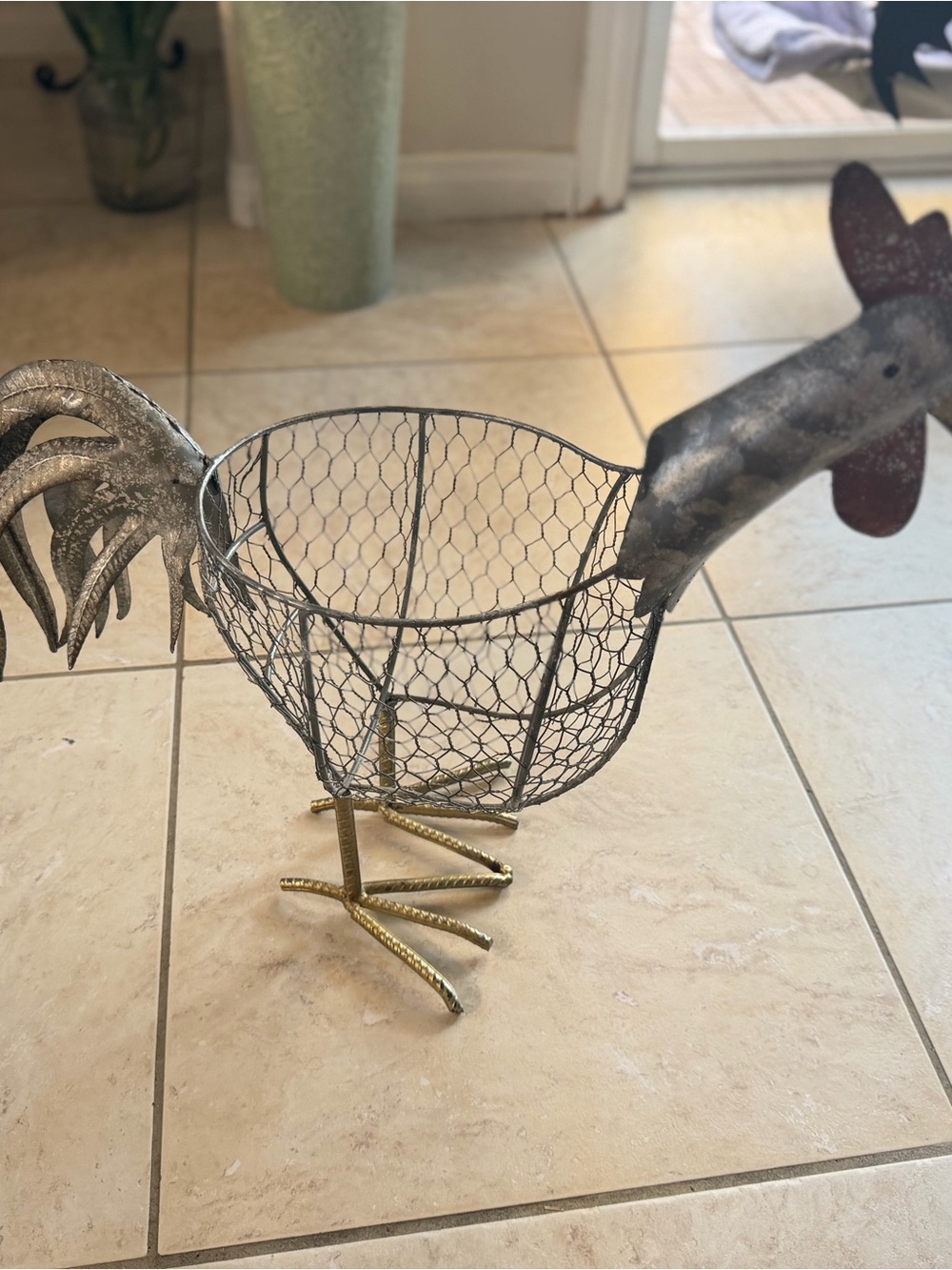 Metal Rooster Wire Basket in Rustic Gray and Gold